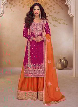 Rani Pink Chinon Embroidered Sequins Mirror Work Palazzo Suit