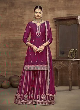 Rani Pink Chinon Embroidered Sequins Palazzo Suit