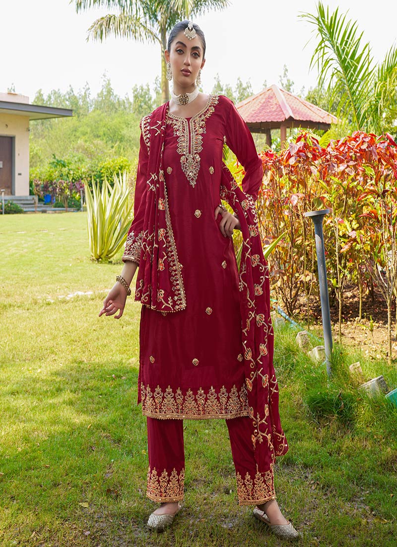 Rani Pink Chinon Embroidered Sequins Straight Pant Suit Festive Wear