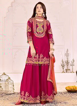 Rani Pink Chinon Embroidered Sequins With Beads Work Sharara Suit