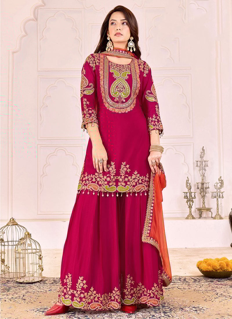 Rani Pink Chinon Embroidered Sequins With Beads Work Sharara Suit  Festive Wear