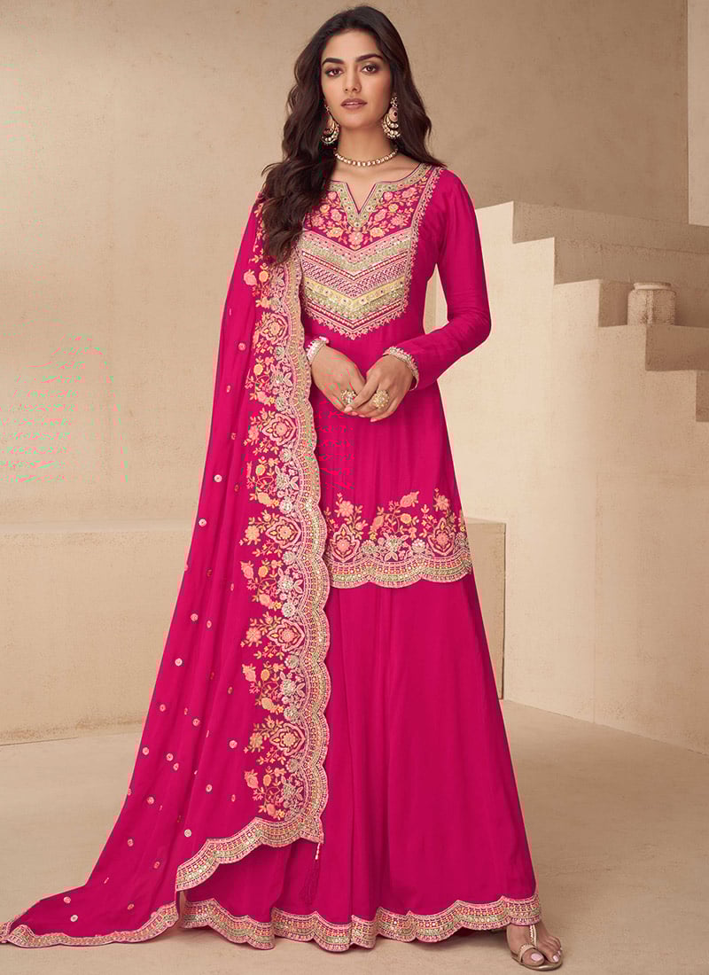 Rani Pink Chinon Embroidered Sequins With Stone Work Palazzo Suit Festive Wear