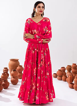 Rani Pink Chinon Floral Print Indowestern Skirt Set