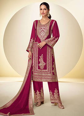 Rani Pink Chinon Hand Embroidered Sequins With Beads Work Straight Pant Suit
