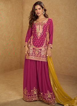 Rani Pink Chinon Mirror Work Sequins And Embroidered Palazzo Suit