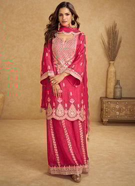 Rani Pink Chinon Printed  Embroidered Sequins Palazzo Suit