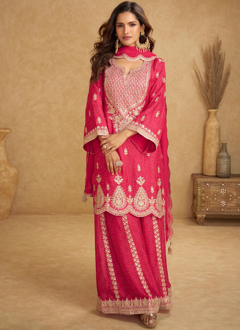 Rani Pink Chinon Printed  Embroidered Sequins Palazzo Suit Festive Wear