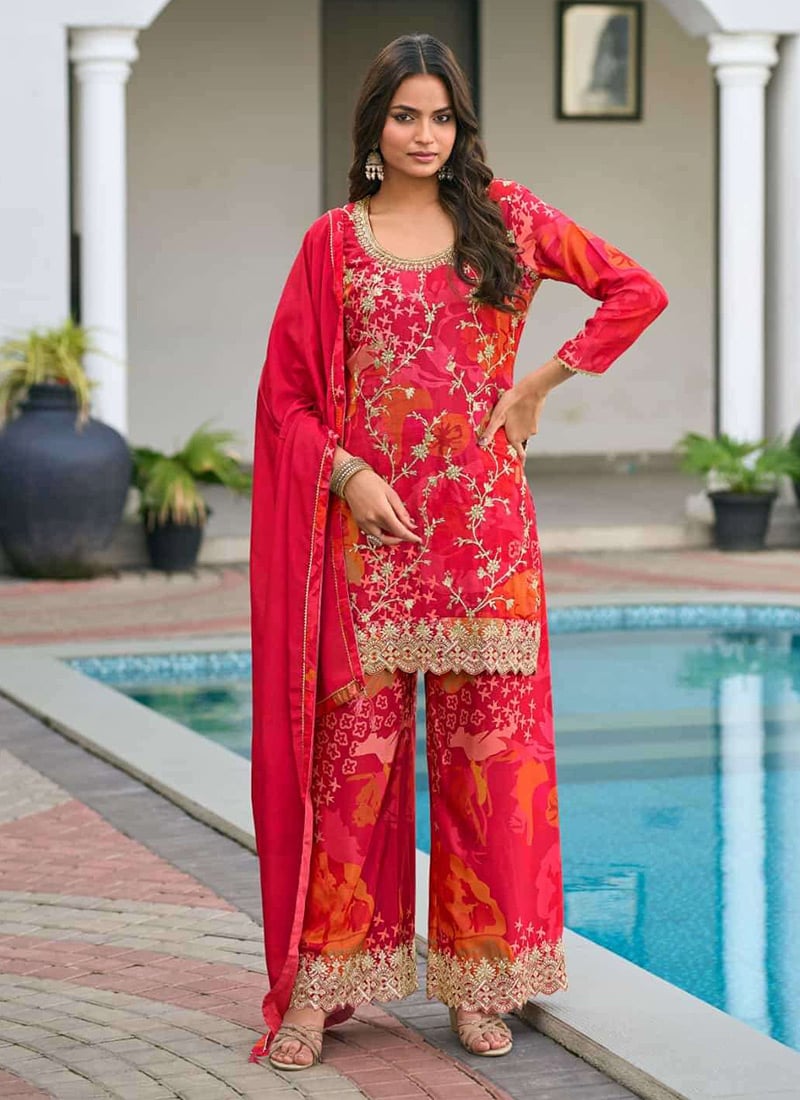 Rani Pink Chinon Sequins Embroidered Digital Print Palazzo Suit Festive Wear