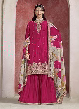 Rani Pink Chinon Silk  Zari Embroidered Sequins Sharara Suit With Printed Dupatta