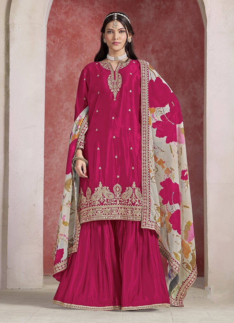 Rani Pink Chinon Silk  Zari Embroidered Sequins Sharara Suit With Printed Dupatta