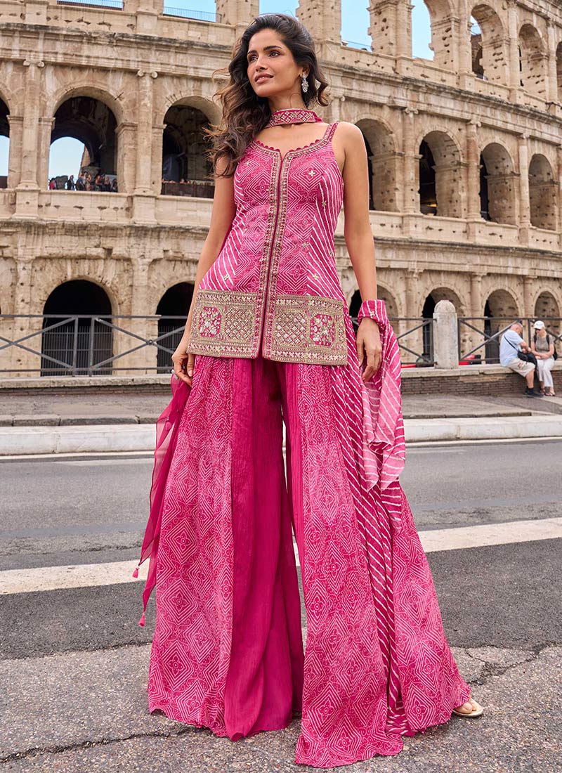 Rani Pink Chinon Silk Bandhini Leheriya Embroidered Sequins Palazzo Suit Festive Wear