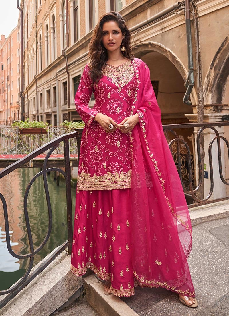 Rani Pink Chinon Silk Bandhini Print Sequins Embroidered Pakistani Palazzo Suit Festive Wear