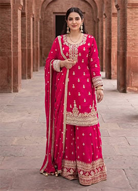 Rani Pink Chinon Silk Embroidered Palazzo Suit