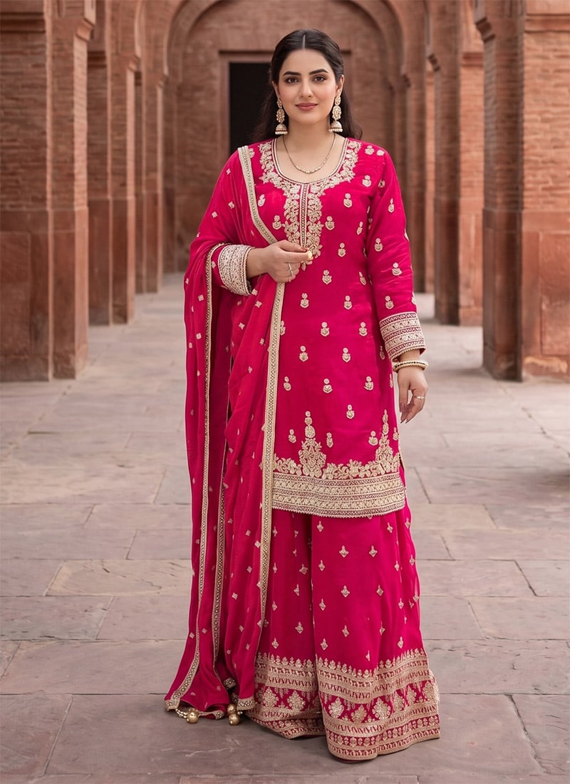 Rani Pink Chinon Silk Embroidered Palazzo Suit After Six Wear
