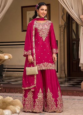 Rani Pink Chinon Silk Embroidered Sequins And Mirror Work Sharara Suit