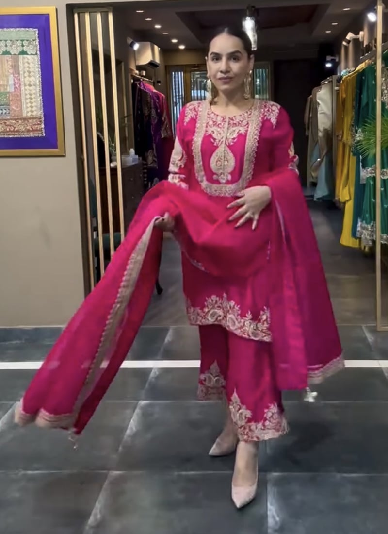 Rani Pink Chinon Silk Embroidered Sequins Palazzo Suit