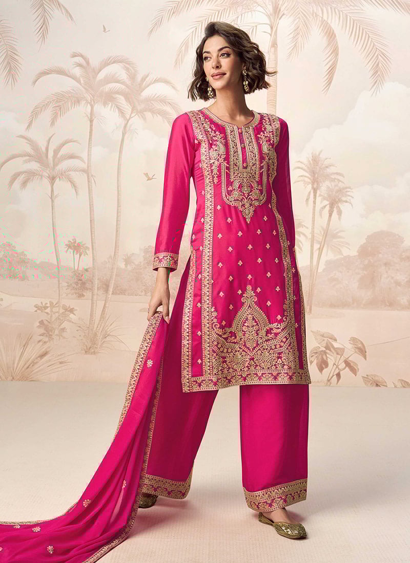 Rani Pink Chinon Silk Embroidered Sequins Palazzo Suit