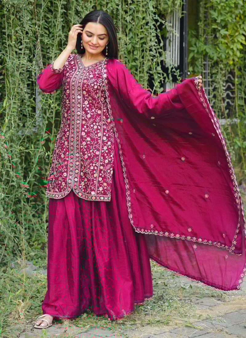 Rani Pink Chinon Silk Embroidered Sequins Palazzo Suit Festive Wear