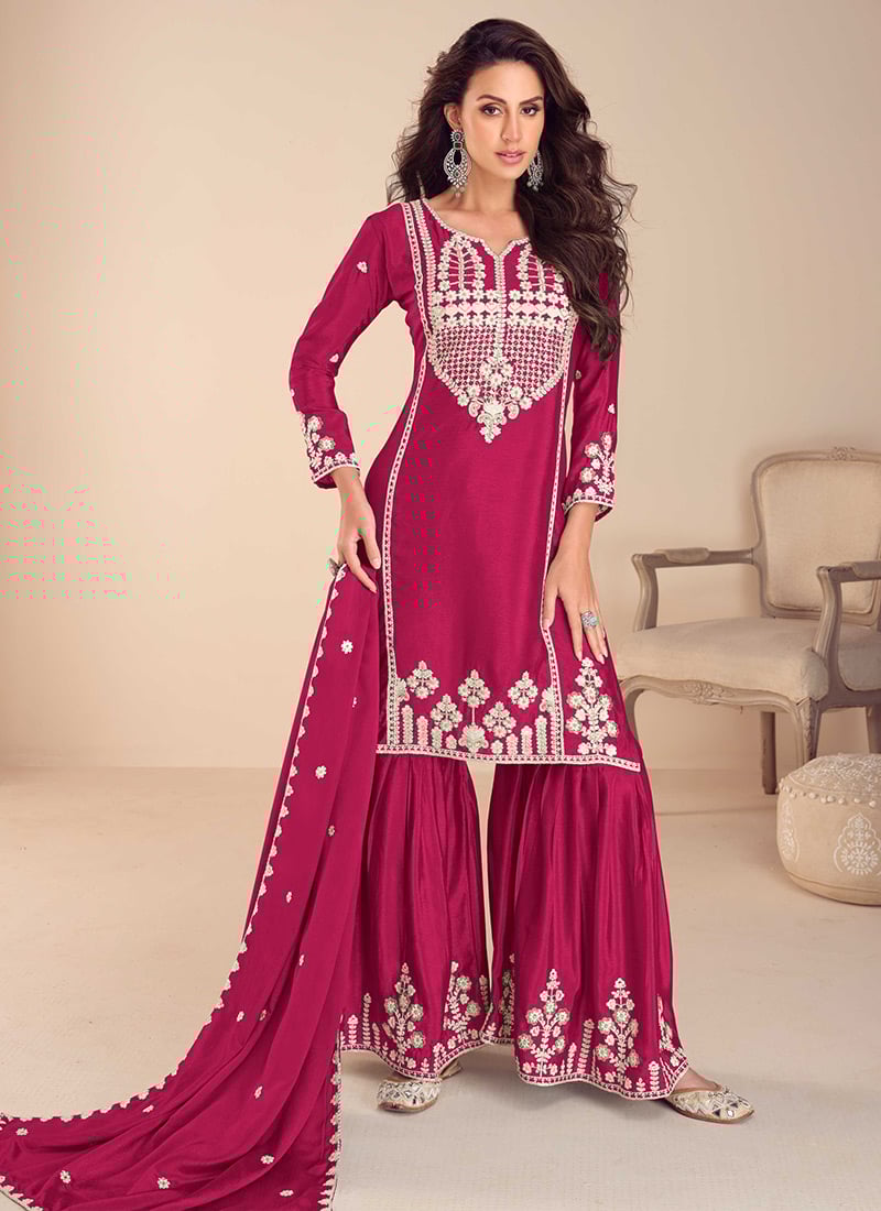 Rani Pink Chinon Silk Embroidered Sequins With Stone And Beads Sharara Suit Festive Wear