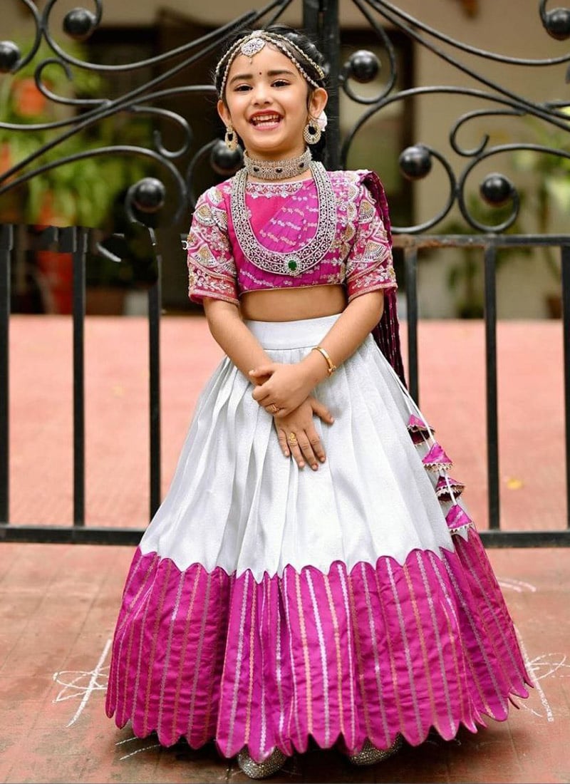 Rani Pink Chinon Silk Embroidery Digital Print Lehenga For Kids Girls Festive Wear