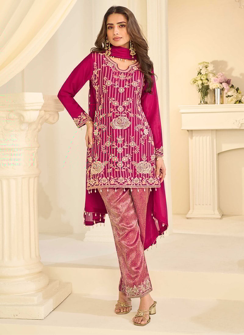 Rani Pink Chinon Silk Jacquard Embroidered Sequins With Stone Work Straight Pant Suit Festive Wear