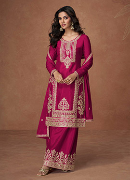Rani Pink Chinon Silk Sequins Embroidered Palazzo Suit Festive Wear