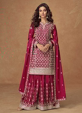 Rani Pink Chinon Silk Sequins Embroidered Palazzo Suit