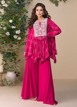 Rani Pink Chinon Silk Sequins Moti Beads Printed Indowestern Palazzo Set