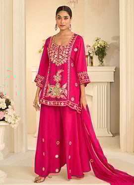 Rani Pink Chinon Silk Zari Embroidered Mirror Work Palazzo Suit