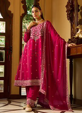 Rani Pink Chinon Silk Zari Embroidered Sequins Straight Pant Suit