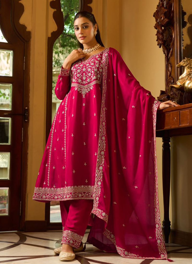 Rani Pink Chinon Silk Zari Embroidered Sequins Straight Pant Suit Festive Wear