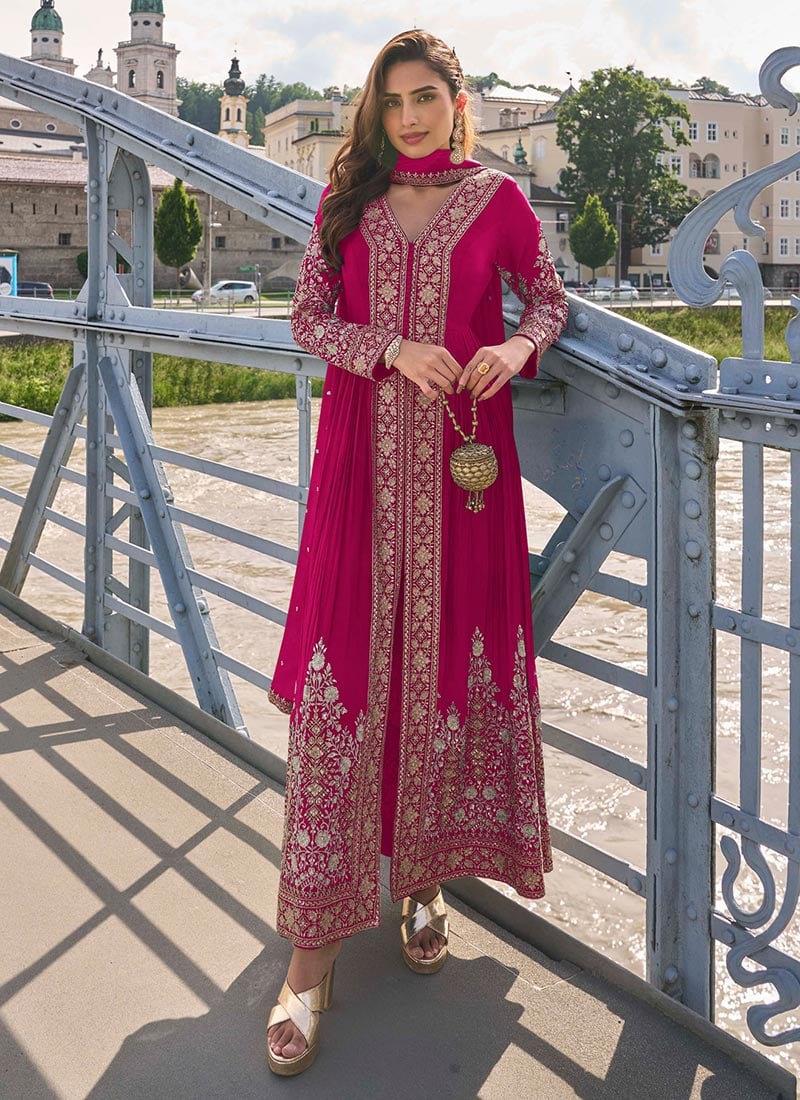 Rani Pink Chinon Silk Zari Embroidered Sequins Thread Straight Pant Suit Festive Wear