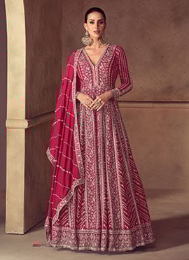 Rani Pink Chinon Silk Zari Embroidered Sequins With Beads Work A Line Anarkali Suit