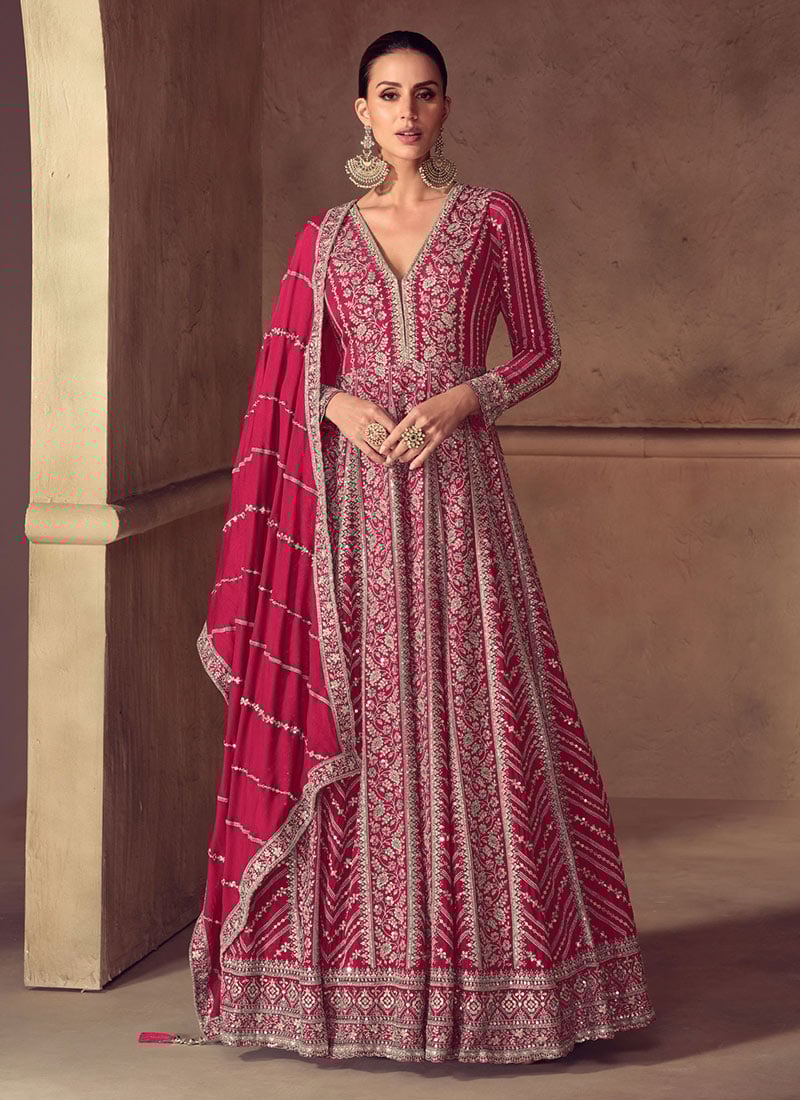Rani Pink Chinon Silk Zari Embroidered Sequins With Beads Work A Line Anarkali Suit Wedding Wear