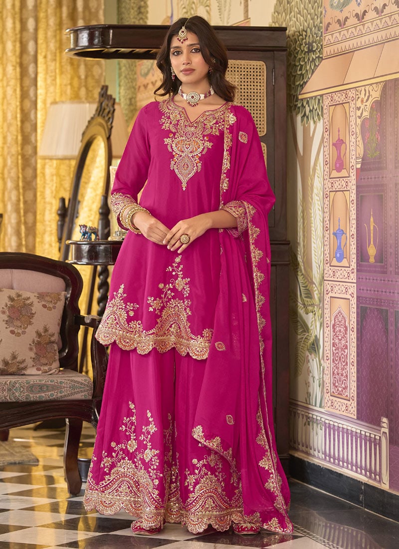 Rani Pink Chinon Zari And Thread Embroidered Sequins Palazzo Suit Festive Wear