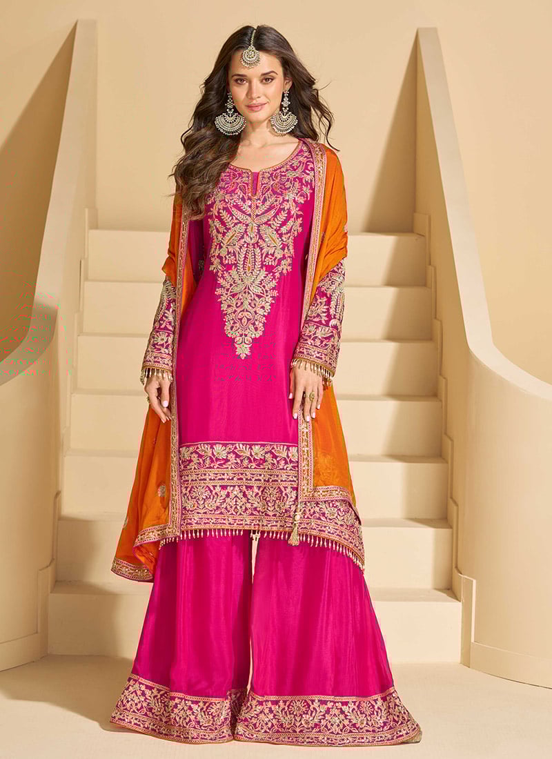 Rani Pink Chinon Zari Embroidered Palazzo Suit Festive Wear