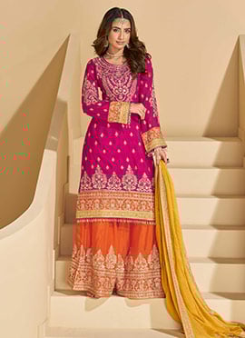 Rani Pink Chinon Zari Embroidered Palazzo Suit