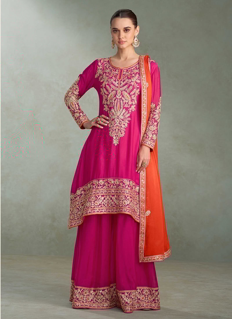 Rani Pink Chinon Zari Embroidered Sequins Palazzo Suit Festive Wear