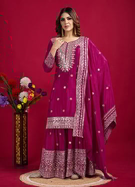 Rani Pink Chinon Zari Embroidered Sequins Sharara Suit