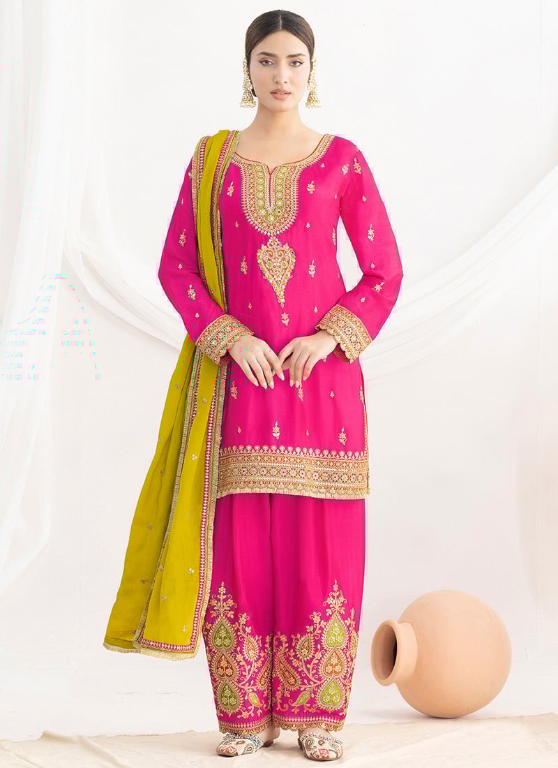 Rani Pink Chinon Zari Embroidered Sequins Stones Work Palazzo Suit Festive Wear