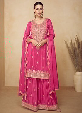 Rani Pink Chinon Zari Embroidered Sequins With Stone Work Palazzo Suit