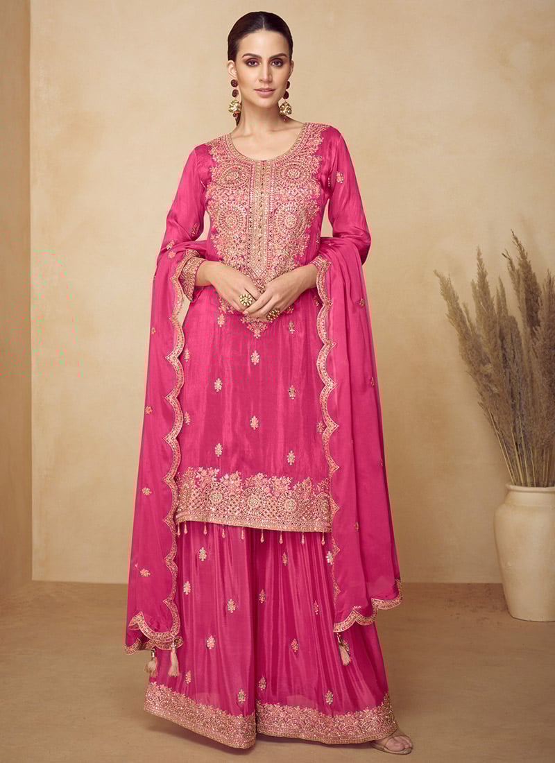Rani Pink Chinon Zari Embroidered Sequins With Stone Work Palazzo Suit Festive Wear