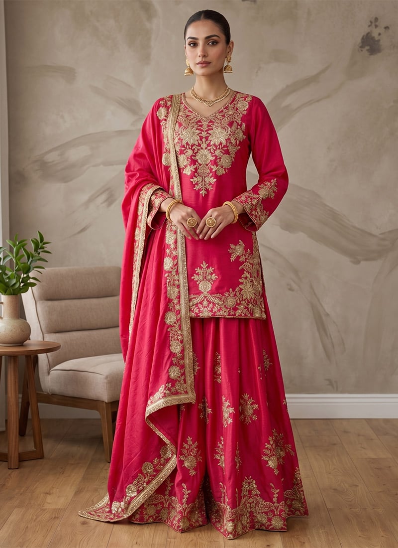 Rani Pink Chinon Zari Sequins Embroidered Palazzo Suit Festive Wear