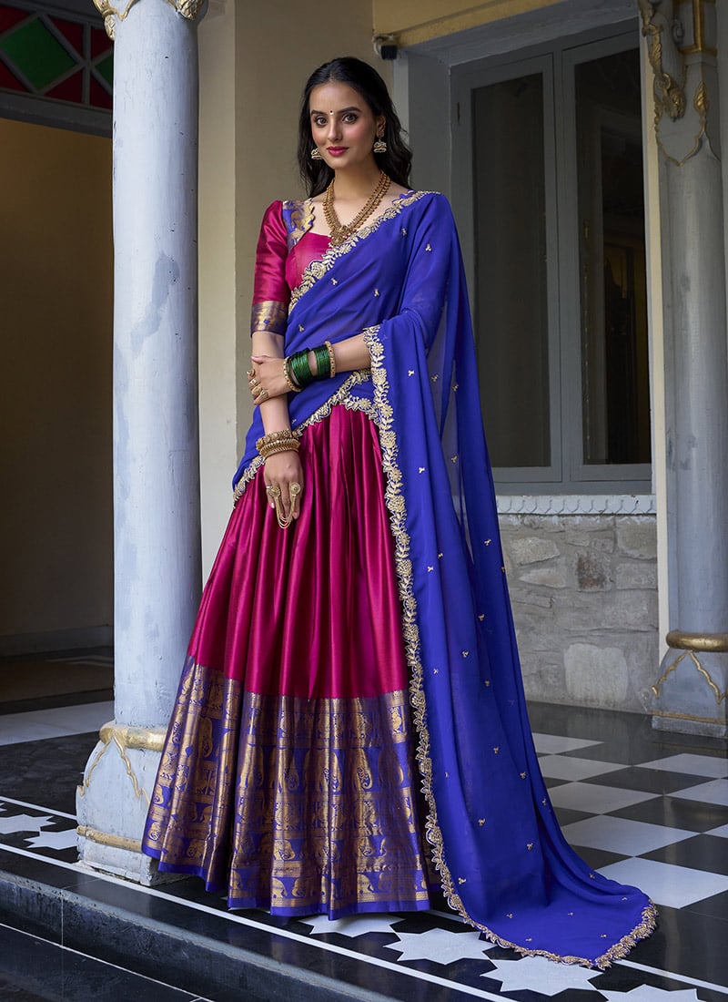 Rani Pink Cotton Narayana Pattu Jacquard Lehenga Festive Wear