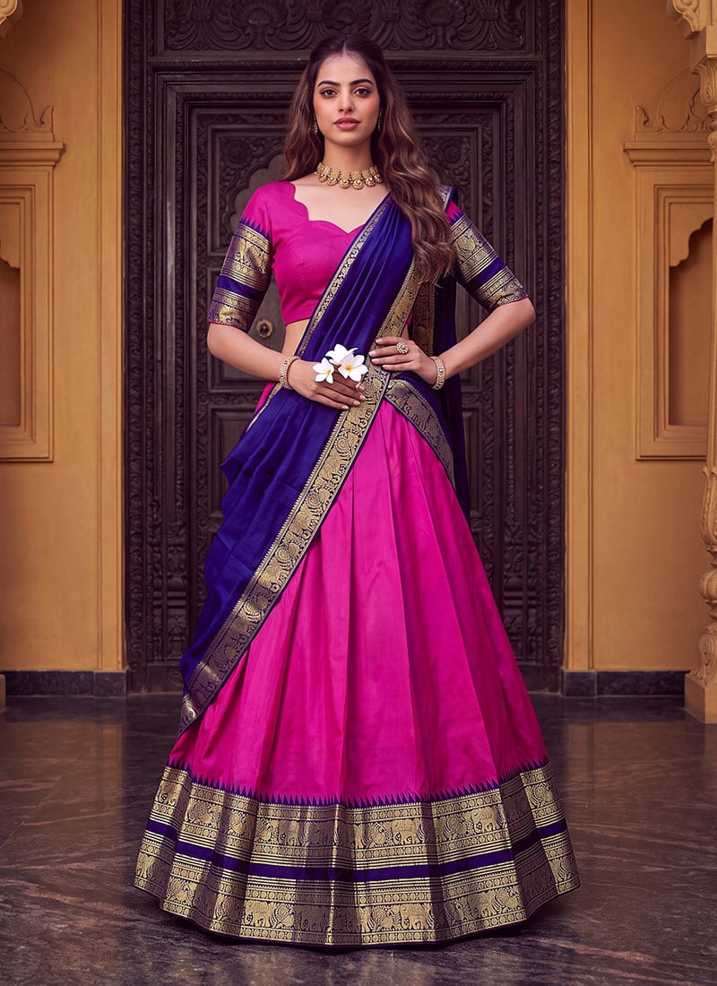 Rani Pink Cotton Zari Weaving Lehenga Festive Wear