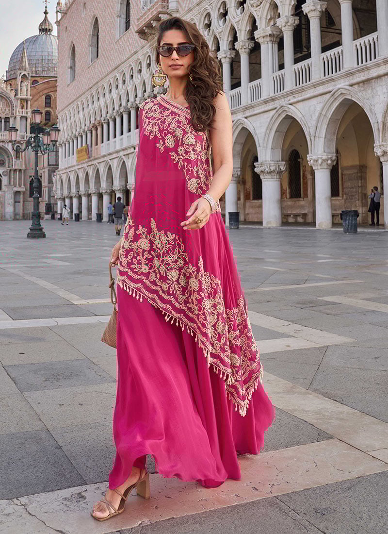 Rani Pink Crepe Sequins And Beads Embroidered Palazzo Set Wedding Wear