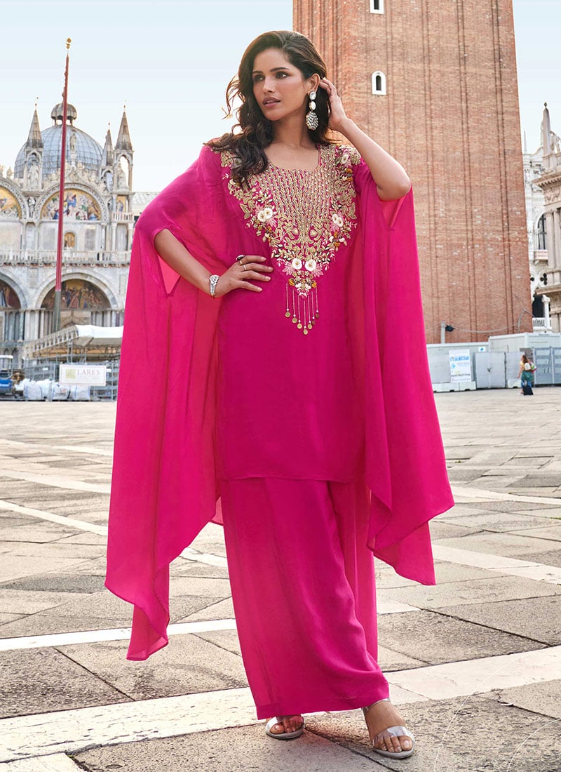 Rani Pink Crepe Silk Zari Beads Sequins Zardosi Thread Embroidered Indowestern Suit Festive Wear