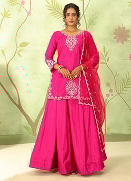 Rani Pink Crepe Silk Zari Hand Embroidered Sequins Long Choli Lehenga Festive Wear