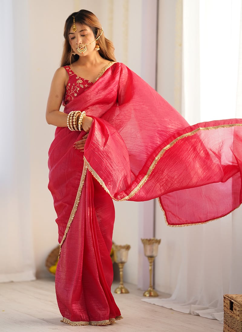 Rani Pink Crushed Tissue Silk Embroidered Lace Saree After Six Wear