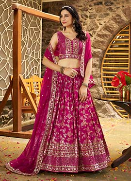Rani Pink Dola Silk Jacquard Zari Embroidered Sequins Lehenga Wedding Wear
